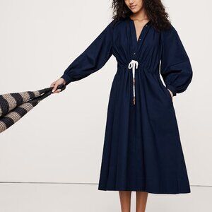 NWT! Banana Republic Navy Blue Cotton Poplin Blouson Midi Shirt Dress M/L
